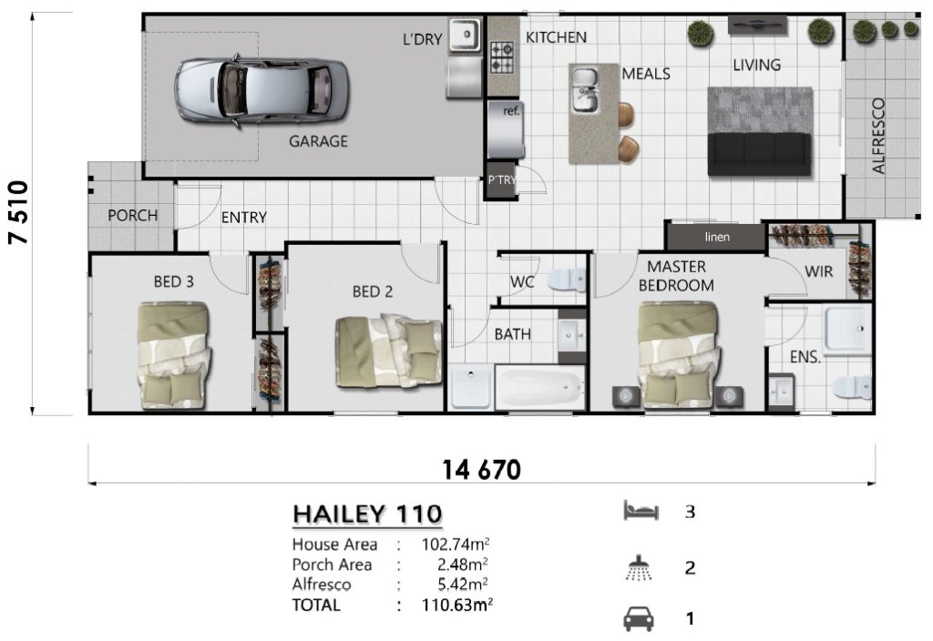 Hailey 110 floor plan 3 Bedrooms Brisbane Builder Ensuite Lock Up Garage