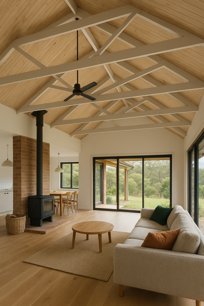 Vaulted Ceiling with Exposed Bolted Feature Trusses Brisbane Builder