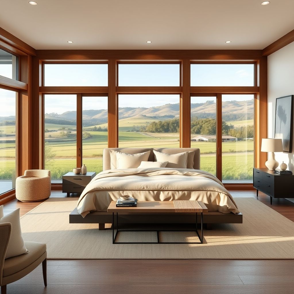 Modern, comfortable master suite in a spacious country home. Australian acreage home design.