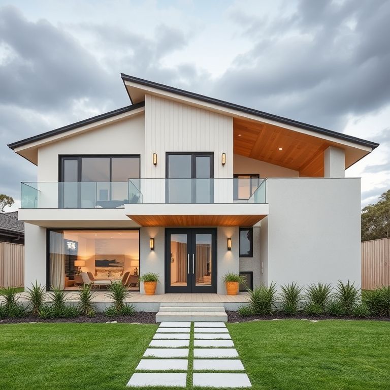 Modern square image showcases a custom new home by Wisteria Homes amidst Australia's weather, with clean lines and a blended family-friendly layout, demonstrating weather delay management strategies.