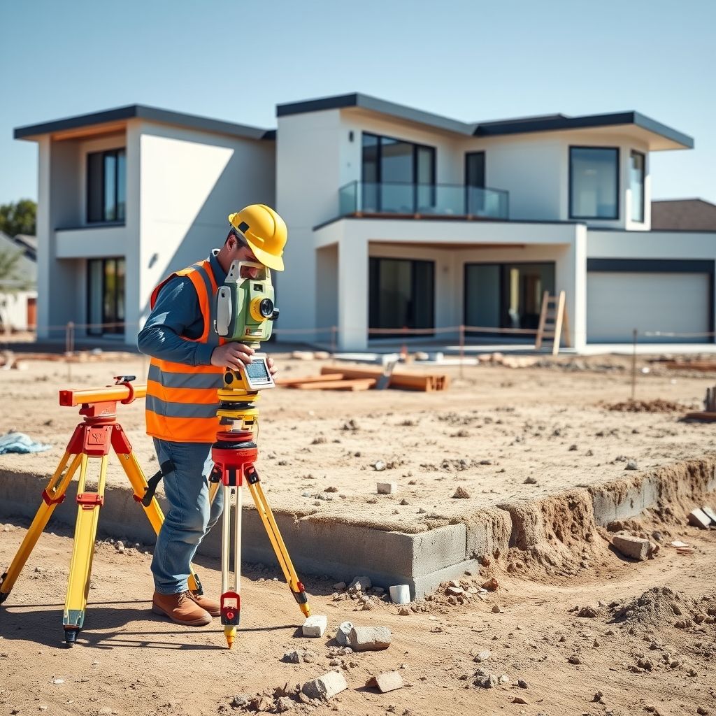 A modern home under construction with a surveyor checking plans.