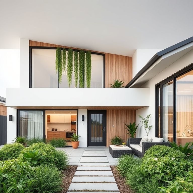 Modern, square-aspect, photorealistic image showcasing Wisteria Homes' sustainable Australian home, adorned with a blooming wisteria, symbolizing eco-friendly affordable new builds for green living.