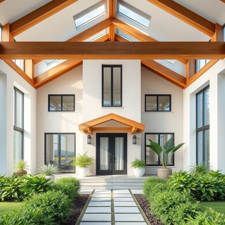 Modern, clean home exterior, wisteria blooming.  Construction problem prevention.