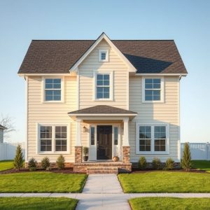 Modern, affordable new home construction by a homestead builder, showcasing sleek lines, clean design, and a spacious layout. Perfect setting for family home ownership.