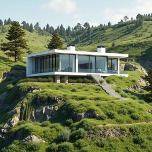 Professional modern acreage home atop challenging sloped terrain, showcasing harmonious architecture and design on 16:9 aspect ratio.