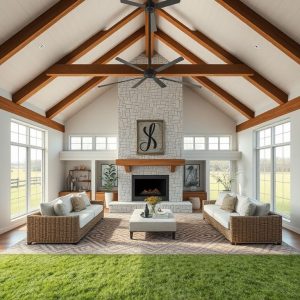 Modern Acreage Home: Stunning, secluded country residence with clean lines and privacy, showcasing high-quality photorealistic design in a 16:9 aspect ratio.