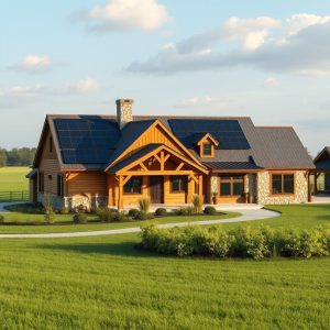 Modern country home with solar panels: Clean, professional, and energy-efficient design with a 16:9 aspect ratio.