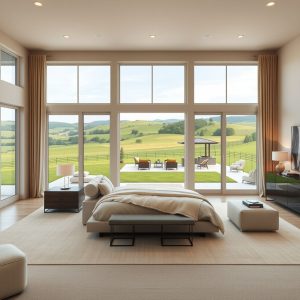 Modern country master suite, spacious acreage home design.  Comfortable, clean, & stylish.