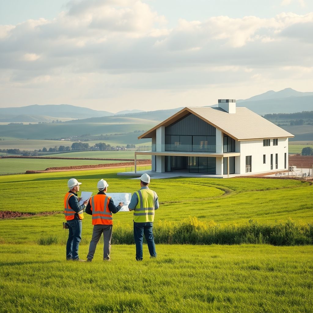 A modern, professional new home on rural acreage, showcasing a local builder's vision for future housing, in a clean, sleek, 16:9 aspect ratio.