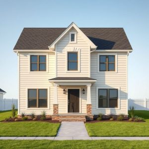Modern, clean-lined new home construction compared with production homes, showcasing affordability and high-quality design in a professional, 16:9 aspect ratio.
