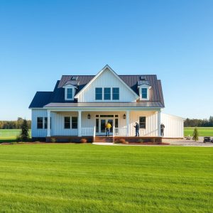 Modern farmhouse on acreage, built by affordable new home builders. Skilled labor, clean design.