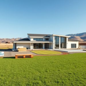 Modern ranch home exterior with a spacious porch and elegant landscaping.