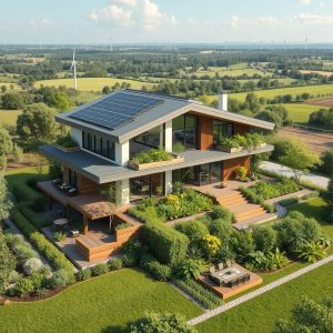 Sustainable custom home design with modern, clean aesthetic. Acreage construction amid lush greenery.