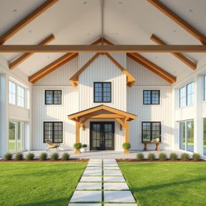 Modern farmhouse design, 10 essential questions highlighted with clean lines, professional aesthetic. High-quality photorealistic rendering of a custom home construction in a 16:9 aspect ratio.