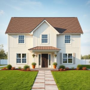 Modern, clean-lined country home amidst farmland, featuring custom designs for agricultural activities. 16:9 aspect ratio.