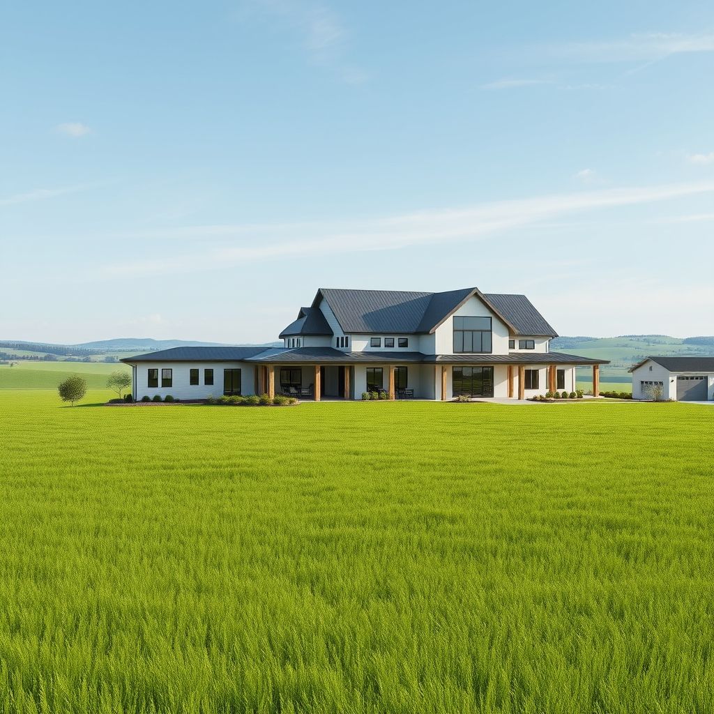 Professional modern home on rural acreage constructed by established local builders, showcasing the benefits of this partnership in a clean, high-quality 16:9 photorealistic image.