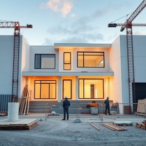 Sleek, modern construction site showcases custom home builders' flexibility with a clean, professional layout, highlighting the benefits of custom scheduling in a 16:9 aspect ratio.