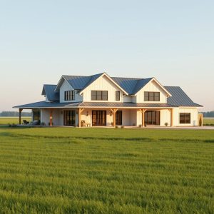 Professionally designed, modern country home on a spacious lot, showcasing contemporary new home builder trends. Clean lines and sleek, photorealistic rendition in a 16:9 aspect ratio.