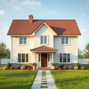 Elegant, modern country home nestled in lush, picturesque rural landscape. Affordable and blending seamlessly with the surroundings, this professional architectural design showcases clean, contemporary lines.