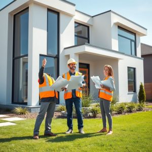Professional new home builders maintaining community ties, constructing a modern, budget-friendly dwelling in a clean, stylish setting, suitable for a 16:9 aspect ratio.