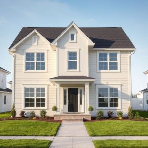 Modern, clean-lined new home exterior showcasing precise construction and adherence to building codes, symbolizing reliable new home builders' commitment to quality and safety.