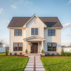 Professional acreage home builder scene in modern style, showcasing high-quality construction on a sprawling lot, ideal for a featured image on new home partnerships.