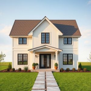 Modern, clean 16:9 image showcases a rural custom home builder's stellar customer satisfaction records, emphasizing quality and reliability, set against a serene rural backdrop.