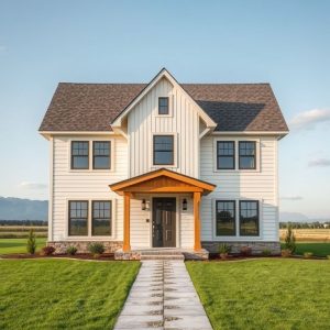 Modern rural acreage home, sleek design, long-term investment symbol, 16:9 aspect ratio, professional, high-quality photorealistic image.