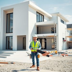 Professional new home builder overseeing modern construction site, ensuring quality control in a clean, sleek environment, 16:9 ratio.