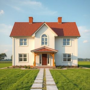 Modern, clean-lined country home on sprawling rural land, built by reliable new home builders, showcasing professional design in a serene, 16:9 aspect ratio.