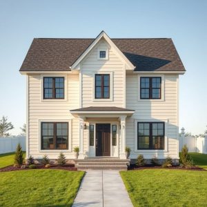 Modern, trust-inspiring new home construction scene, showcasing high-quality, affordable, professional, clean-lined, 16:9 aspect ratio architectural design