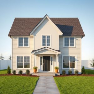 Modern, clean, 16:9 aspect ratio, 16-bit photorealistic image showcasing a newly built home with sleek architecture, symbolizing trustworthy home builders and home services in a professional setting.