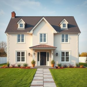 Modern, clean country house under construction, showcasing new home builder's professional craftsmanship in a 16:9 aspect ratio.