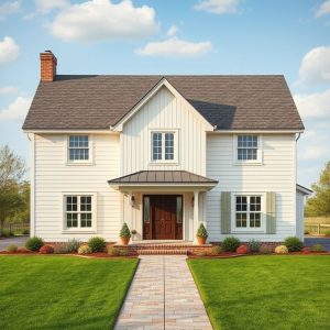Modern, country-style home nestled amidst a picturesque rural landscape, showcasing seamless integration with nature. Ideal for country property home builders." (117 characters)