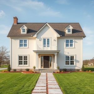 Modern, spacious country home on acreage, showcasing superior home construction quality under a clear sky, featuring clean, sleek lines and a 16:9 aspect ratio.