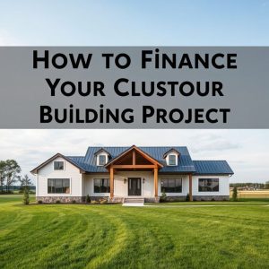 Modern custom home on rural acreage, perfectly framed under a clear sky, showcasing clean, professional design, ideal for financing guidance.