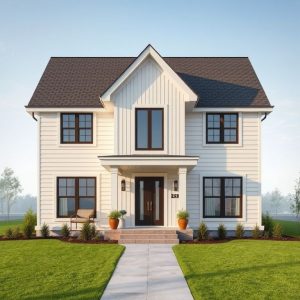 Modern architectural collaboration: Custom new home builders and architects coordinating, showcasing clean lines, professional design, and affordable home building services in a high-quality, 16:9 photorealistic image.