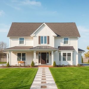 Professional, modern country-style home on a vast lot, undergoing building permit process, showcasing clean lines and contemporary design, suitable for a 16:9 aspect ratio.