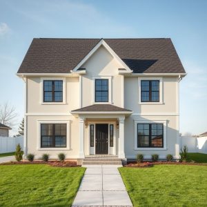 Modern, custom-built home on a property with zoning compliance, showcasing a professional new home builder's mastery of zoning laws, in a 16:9 aspect ratio.