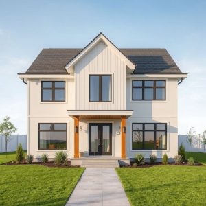 Modern, high-quality, 16:9 aspect ratio image showcasing a sleek, newly built home in a local neighborhood, highlighting architectural details that adhere to local building codes and standards, set against a clear, professional backdrop. Ideal for use as a featured image.
