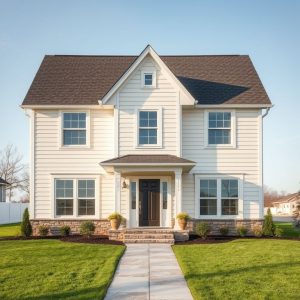 Professional modern image showcasing a country home blend of regional architecture styles, set against a clean, serene backdrop, ideal for a feature on local new home builders.