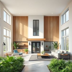 Modern, spacious country home built with eco-friendly materials, showcasing sustainable energy systems and minimal waste construction, set against a backdrop of lush, preserved green spaces.