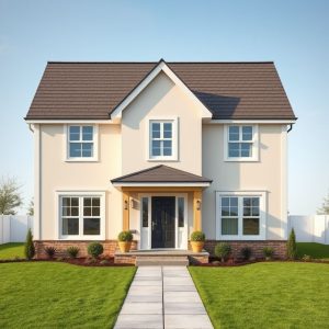 Professional, modern country-style home under construction, showcasing affordable new build quality without compromise, 16:9 aspect ratio.