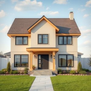 Modern, clean-lined home construction company scene, showcasing family-owned builders' competitive edge through high-quality, professional, 16:9, photorealistic, 16:9, modern-style architecture.