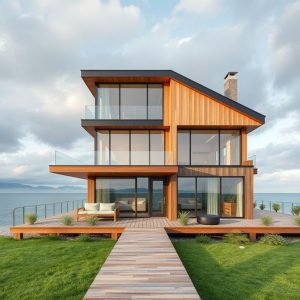 Modern shore home under construction, facing stormy sea; weather impacts shown by rain, wind, and rough waters, showcasing potential delays in custom timeline.