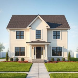 Professional, modern 16:9 image showcasing home construction site adhering to insurance and bonding requirements for large lot builders, with clean, high-quality photorealistic style.