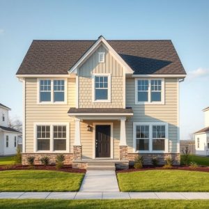 Modern, clean-lined image showcasing a newly built home amidst a picturesque, vibrant local setting. Emphasizes affordability and quality in local new home construction.