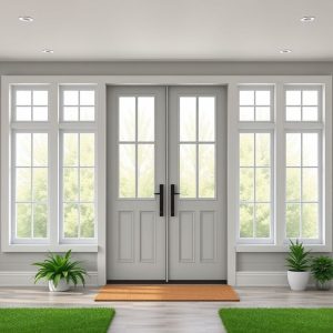 Modern, clean-lined custom home with sleek, energy-efficient windows and doors, showcasing a harmonious blend of style and affordability in professional 16:9 aspect ratio.
