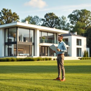 Modern home builders discuss plans with a country home owner.