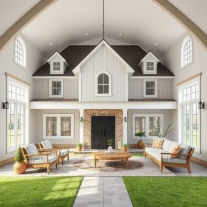Modern, affordable country-style home on acreage, with rustic charm, clean lines, and a professional facade, featuring a spacious front porch and excellent use of natural materials, suitable for 16:9 aspect ratio.